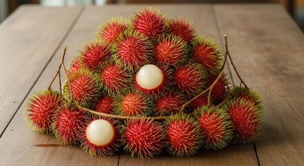 A bowl of fresh rambutans with red spiky skin on a wooden table.