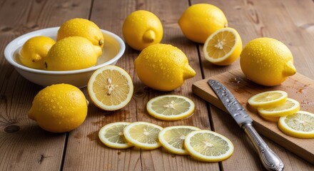 Fresh lemons, whole and sliced, arranged on a wooden table.