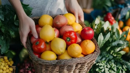 A vibrant display of fresh produce. A pair of hands hold a basket brimming with colorful fruits and vegetables - Powered by Adobe