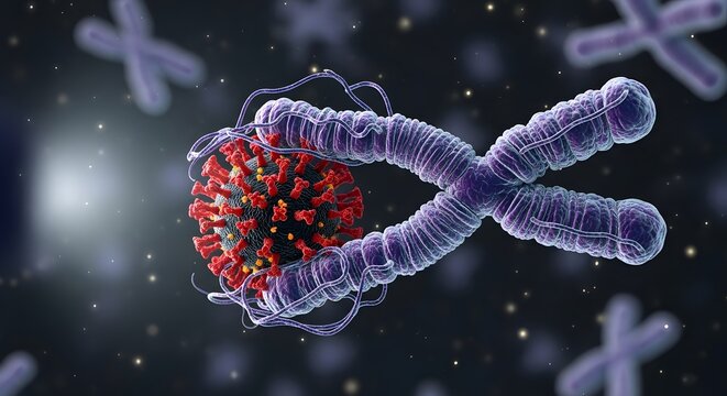 A detailed digital illustration showing a virus particle attached to a strand of genetic material, highlighting microscopic biological structures in a scientific style