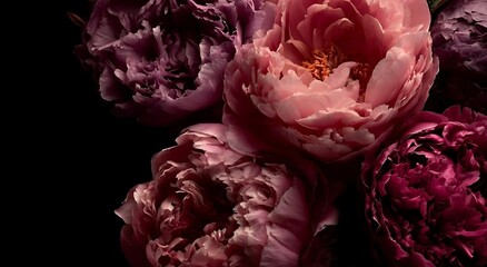 Obraz premium Luxurious peonies in deep jewel tones bloom with lush petals against a dark, dramatic background