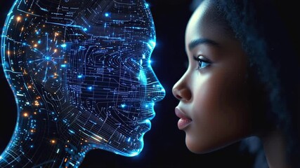 Futuristic female professional facing digital holographic AI interface, representing emerging human technology connection and advanced communication potential, facing digital holographic - Powered by Adobe