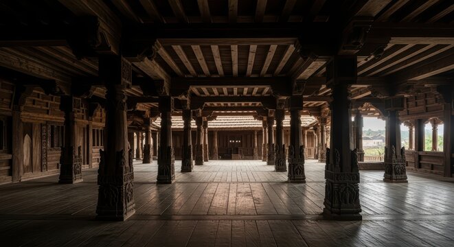 Majestic wooden architecture of an ancient temple interior with intricately carved columns