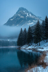 Snowy Mountain Peak Over Cold Blue Lake With Pine Forest And Misty Fog