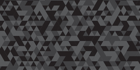 Obraz premium Abstract geometric black and gray background seamless mosaic and low polygon triangle texture wallpaper. Triangle shape retro wall grid pattern geometric ornament tile vector square element. 