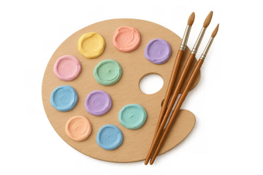 Wooden art palette holding colorful pastel paints and painting brushes, representing creativity, artistic expression, and hobby