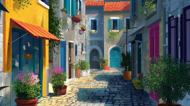 Wander through a sun-drenched European village with vibrant architecture and charming cobblestone streets, a travel destination for unforgettable memories