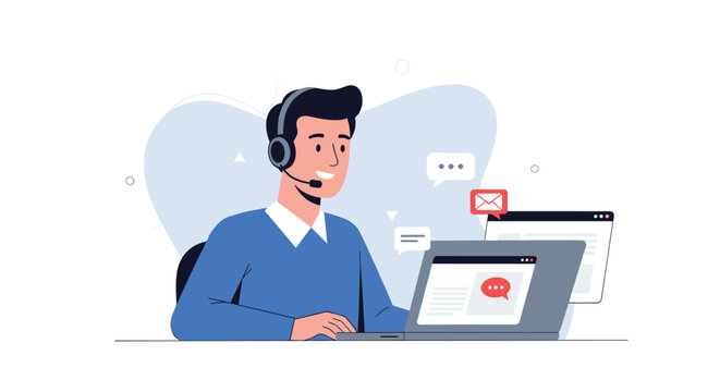 A friendly male customer service agent wearing a headset is working on a laptop, engaging in online communication and support, depicted in a modern flat illustration style.