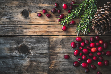 Rustic Christmas Still Life With Pinecones Rosemary and Cranberries on Weathered Wood Table