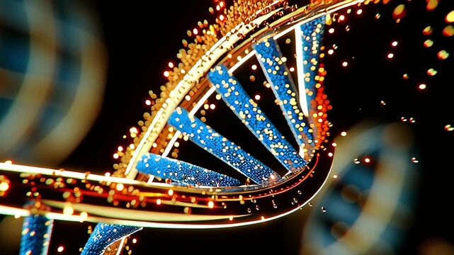 Rotating golden DNA helix glowing with blue particles, showcasing intricate molecular structure against dark backdrop, symbolizing cutting edge genetic research breakthrough