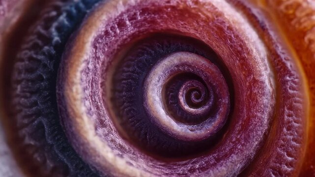 A vibrant snail shell displays intricate spiral designs and a blend of rich colors, capturing the beauty of nature's craftsmanship in fine detail and texture.