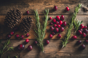 Rustic Christmas Still Life With Pinecones Rosemary and Cranberries on Weathered Wood Table