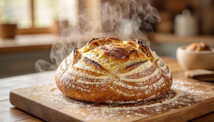 Freshly baked sourdough bread on wooden board with steam rising  