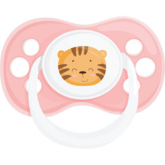 Pink Baby Pacifier With Tiger Face Cartoon Design On Transparent Background For Infant Comfort And Soothing