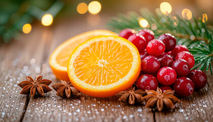 Fresh orange slices and cranberries with pine and spices on wood  