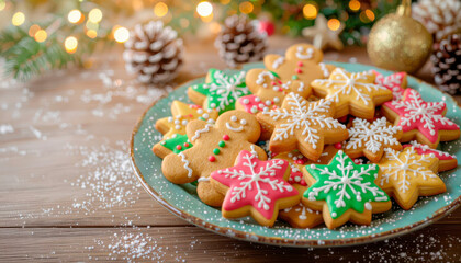 Gingerbread cookies decorated with icing on a plate for Christmas  