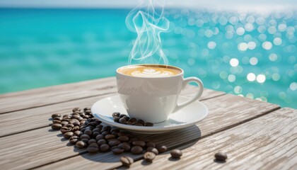 Coffee cup with steam and coffee beans on wooden table by ocean  