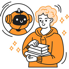 Person Holding Stack of Books With Orange Hoodie While Robot Head Appears in Thought Bubble Surrounded by Sparkles