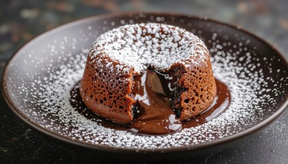 Chocolate lava cake served on a dark plate with powdered sugar  