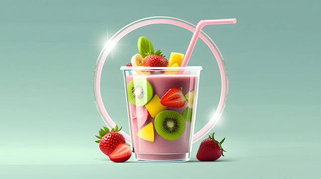 Delicious fruit smoothie with strawberry, kiwi, and banana in a plastic cup