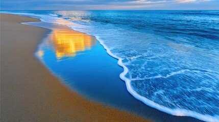 Gentle Ocean Wave Receding Over Golden Sand Reflecting Sunset Sky With Clouds And Blue Water In A Serene Coastal Landscape