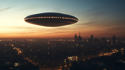 UFO hovers silently above a glowing city during a dusky sunset. Its array of lights suggests extraterrestrial origins, adding an element of intrigue. #UFOsighting