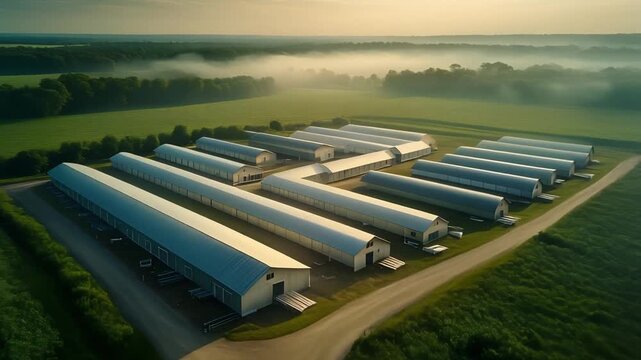 A modern chicken or pig farm facility surrounded by vast green fields. Morning mist shrouds the trees in the distance, creating a peaceful and natural setting. This video is ideal for pr