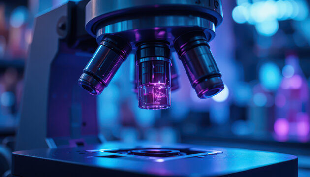 Close up microscope lens with glowing purple light in laboratory environment, representing scientific research, biotechnology, innovation, microbiology, and modern medical technology
