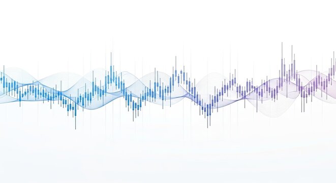 Financial chart with candlestick graph and wavy lines isolated on white background representing stock market trends, investment analysis, and economic forecasting
