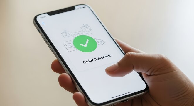Smartphone screen showing order delivered confirmation with hand holding device