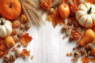 Autumn Harvest Elements on a Rustic White Background