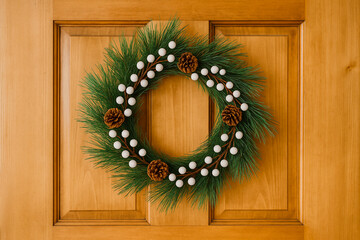 Minimalist Christmas wreath with pine branches, white berries, and pinecones hanging on a wooden door. Natural festive decoration in warm tones.