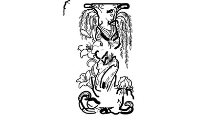 Art nouveau stylized female figure with lilies and roses line drawing
