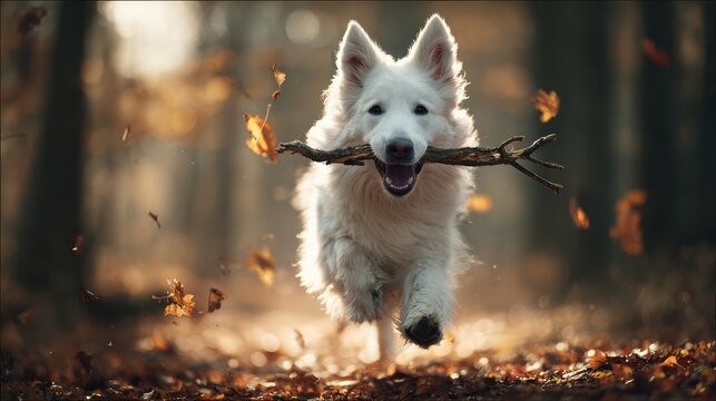 Playful white dog joyfully running through a forest carrying a stick in its mouth with autumn leaves falling around in warm golden sunlight