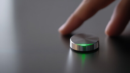 A finger hovers over a sleek, metallic button illuminated with a vibrant green light, poised to activate. Power button ready, innovation concept. Start up, begin.