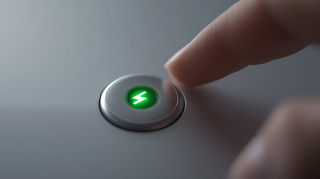 A close-up shows a finger pressing a round power button with a glowing green lightning bolt symbol. The scene focuses on the interaction between the finger and the device, minimalist design.