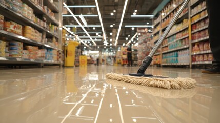 Cleaning Process in Modern Supermarket with a Shiny Floor Reflection and Grocery Aisles Filled with Products and Bright Lighting for a Fresh Look