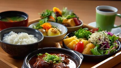 Japanese set meal bento box showcasing traditional cuisine like rice, salad, miso soup, and meat, ideal for food blogs or restaurant promotions