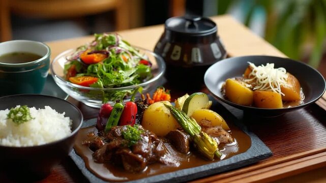 Experience a delightful Japanese culinary journey with this exquisitely arranged and flavorful meal, perfect for showcasing food culture and dining.