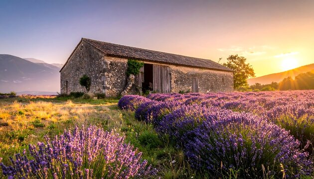 Lavender field and old barn at sunset in Provence, France. - Powered by Adobe