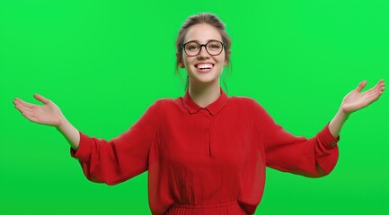 Smiling young woman in red sweater with glasses on green background