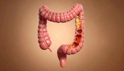 Inflamed intestinal pouches on large intestine, medical illustration of diverticulitis