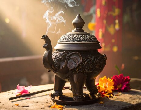 Bronze incense burner with ornate design and emerging smoke, flowers - Powered by Adobe