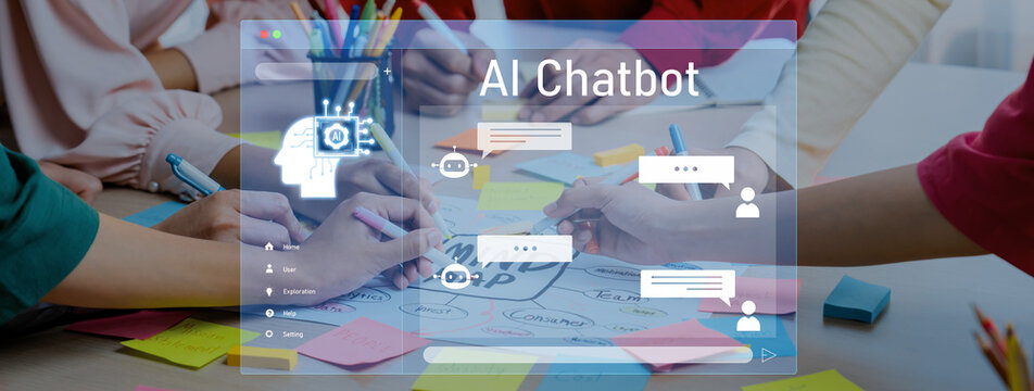 A diverse group of individuals engaged in developing an AI chatbot concept, surrounded by sticky notes, highlighting teamwork and creativity in technology design. Trope