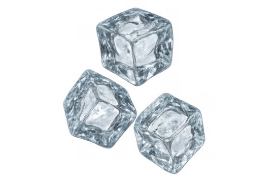 Three crystal clear ice cubes representing refreshment and coldness on a transparent background