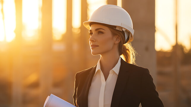 Empowered woman in a hard hat, standing confidently against the golden sunrise. She holds blueprints, symbolizing progress and dedication in the construction industry. - Powered by Adobe