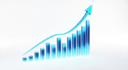A vibrant blue bar graph with an ascending arrow, isolated on white background, symbolizes growth and success in business and finance, showcasing positive trends