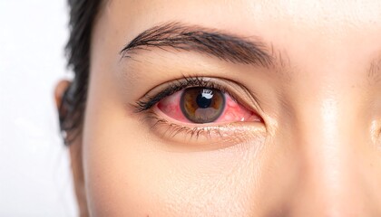 Red, watery eye condition close-up, conjunctivitis or pink eye symptom detailed view
