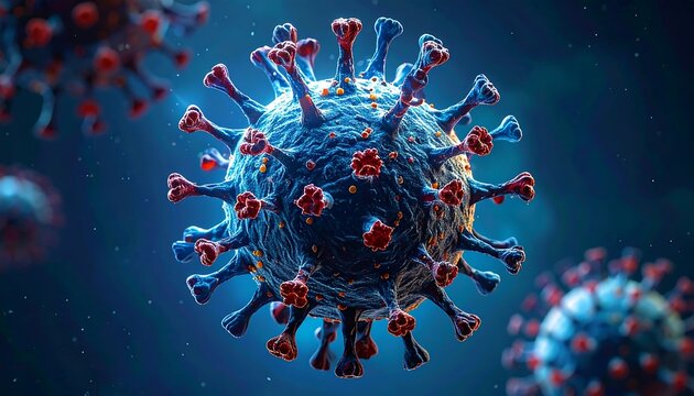 COVID-19 virus spikes visible, science microscopic view, dark blue backdrop - Powered by Adobe