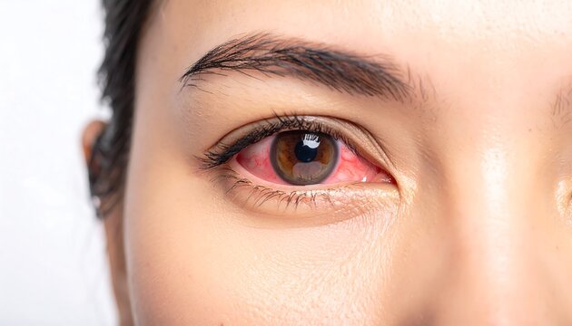 Red, watery eye condition close-up, conjunctivitis or pink eye symptom detailed view